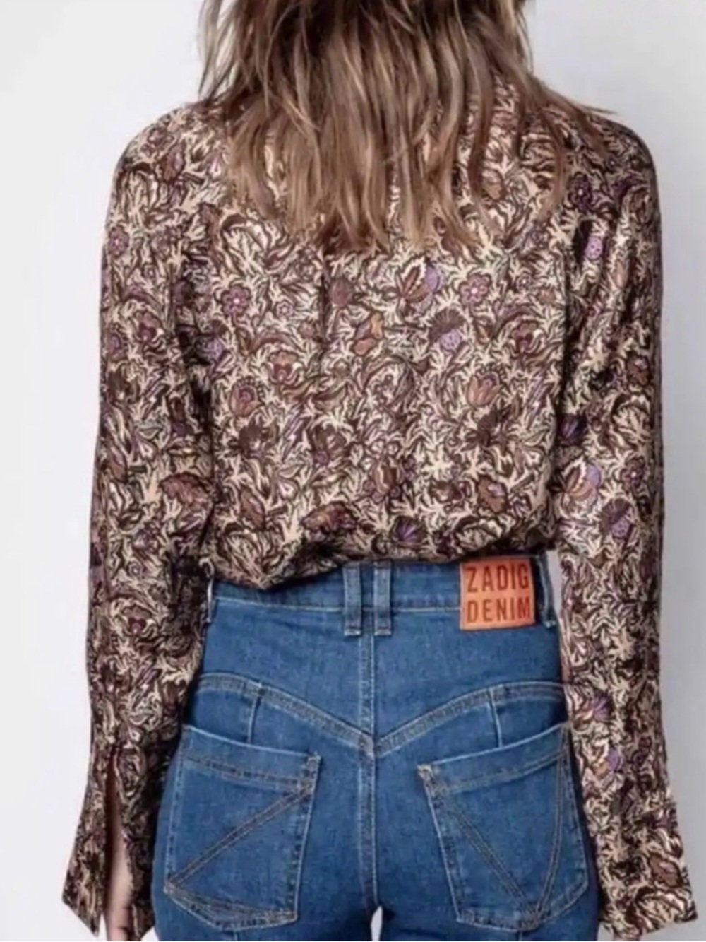 Zadig & Voltaire Floral Tuxedo Ruffle Silky Blouse in Brown and Purple Paisley - Picture 2 of 6